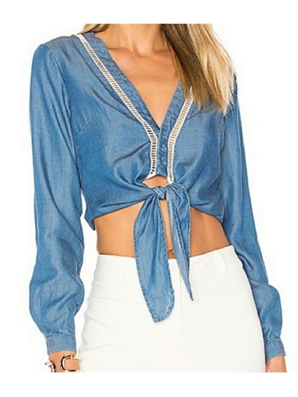 Lovers + Friends Denim Chambray Tie Front‎ Top Long Sleeve Western Cowgirl XS